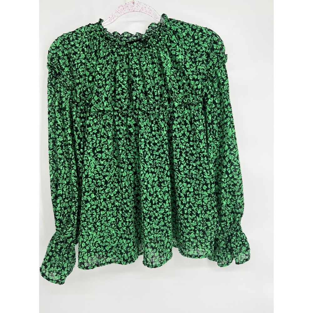 Who What Wear Floral Print Blouse Long Sleeve Ruffle Neck Green Black Top